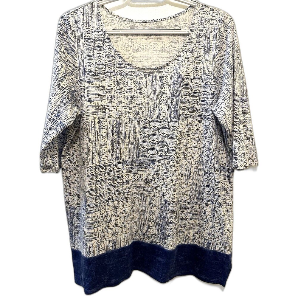 Pure Jill A-Line Print Tunic Blue White Border Hem Petite Medium Cotton Modal